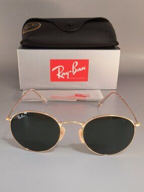 Unused Ray-Ban Round RB3447 Gold Frame Gray Green Lens 50-21 Sunglasses